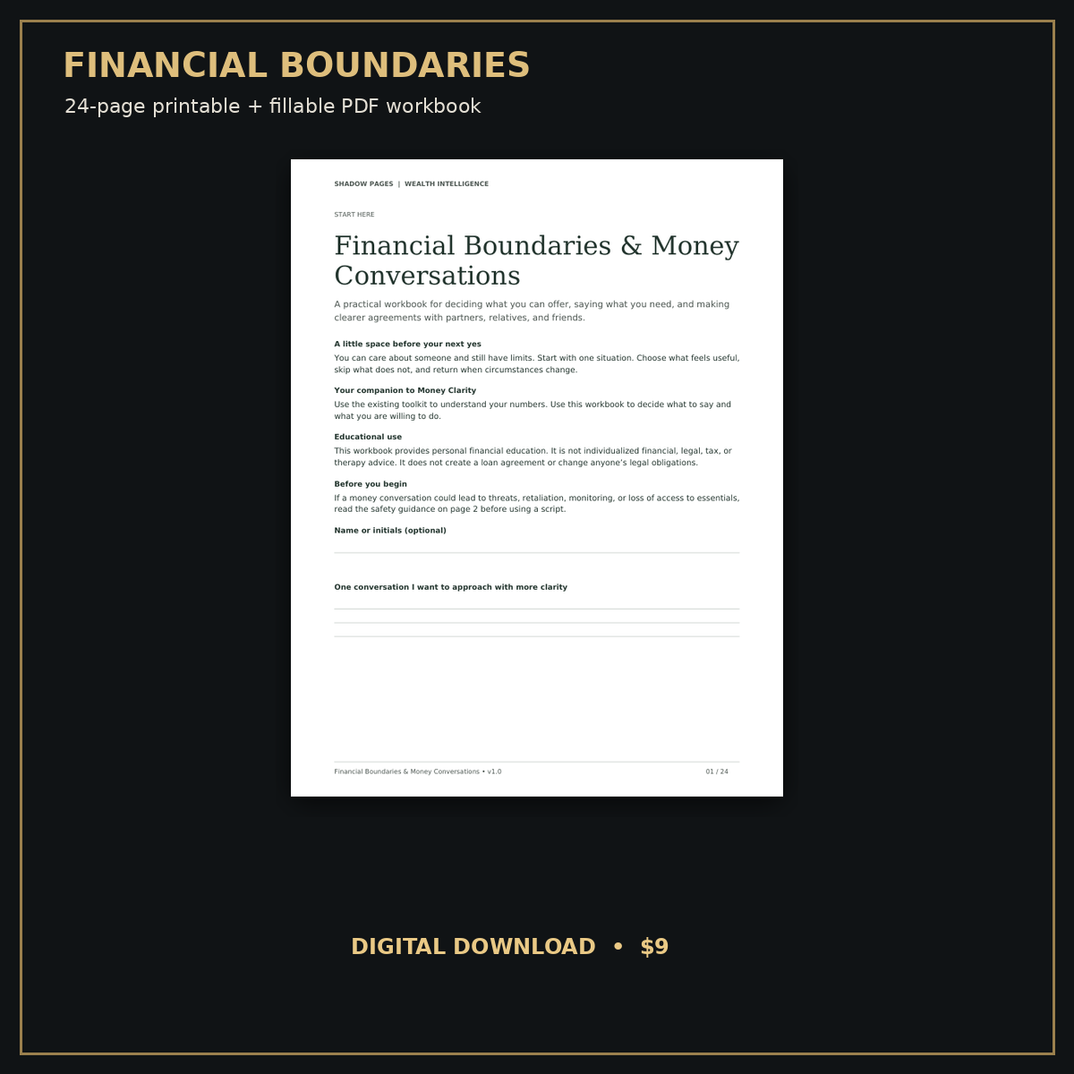 Approved cover preview of the Financial Boundaries & Money Conversations Workbook, a 24-page printable and fillable digital PDF workbook